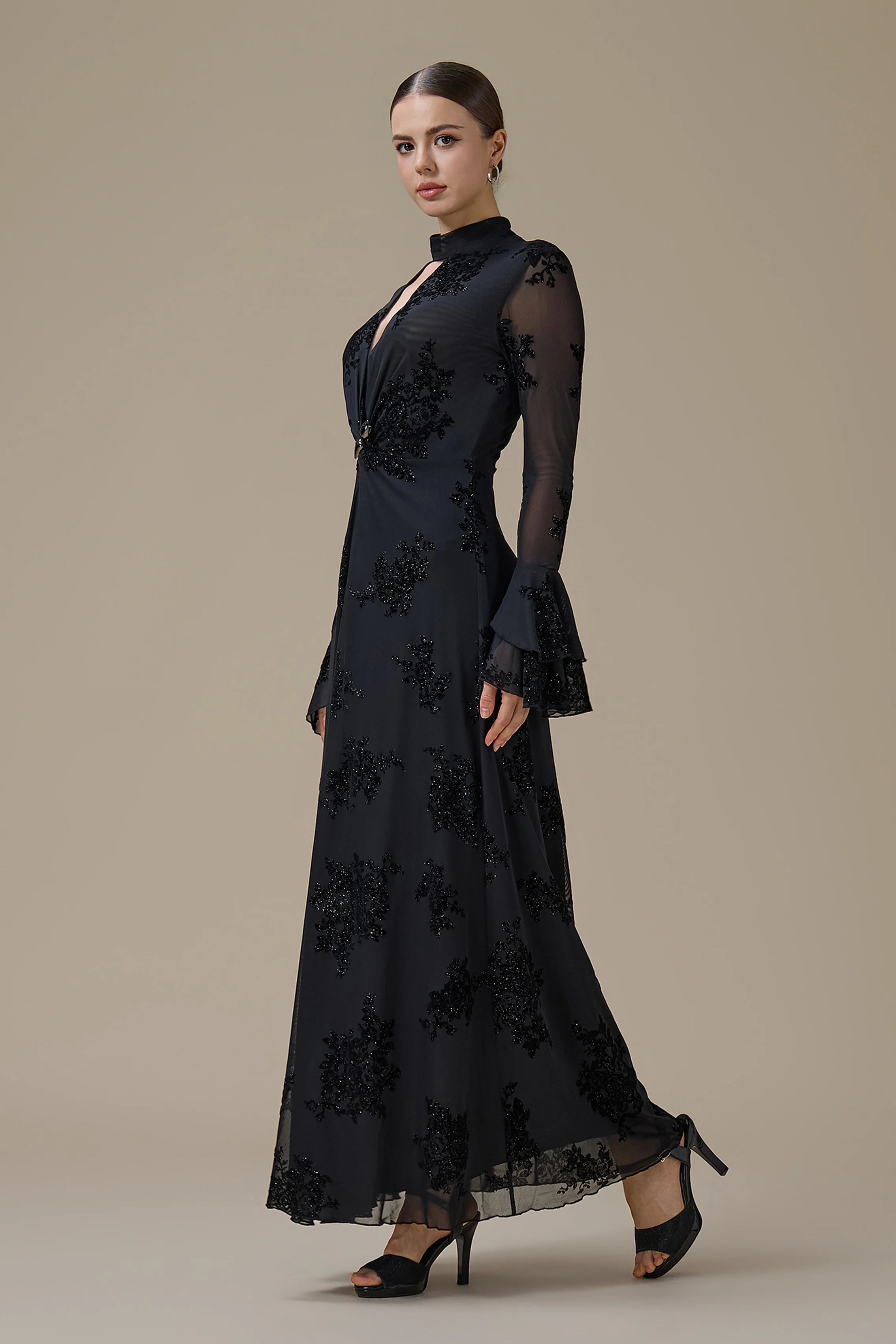 Kaia Twist Front Flare Sleeve Maxi-Black