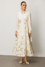 Elegant Gold-Stamped Romantic Long Sleeve Maxi Dress-White