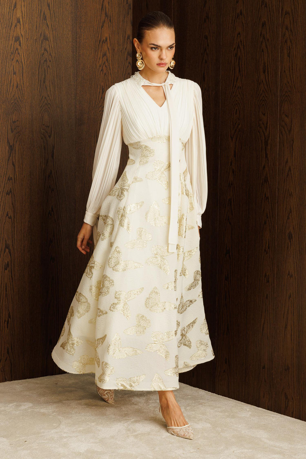 Elegant Gold-Stamped Romantic Long Sleeve Maxi Dress-White
