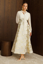 Elegant Gold-Stamped Romantic Long Sleeve Maxi Dress-White