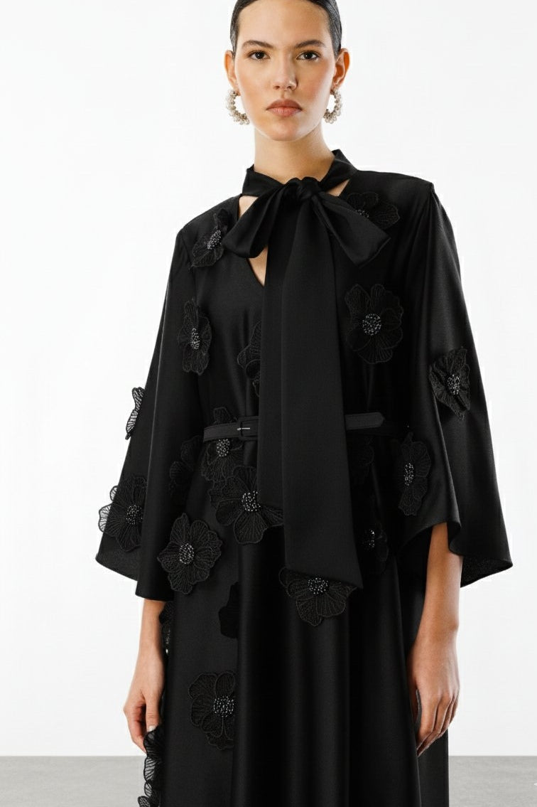 Soft Bloom Tie-Neck Satin Dress-Black