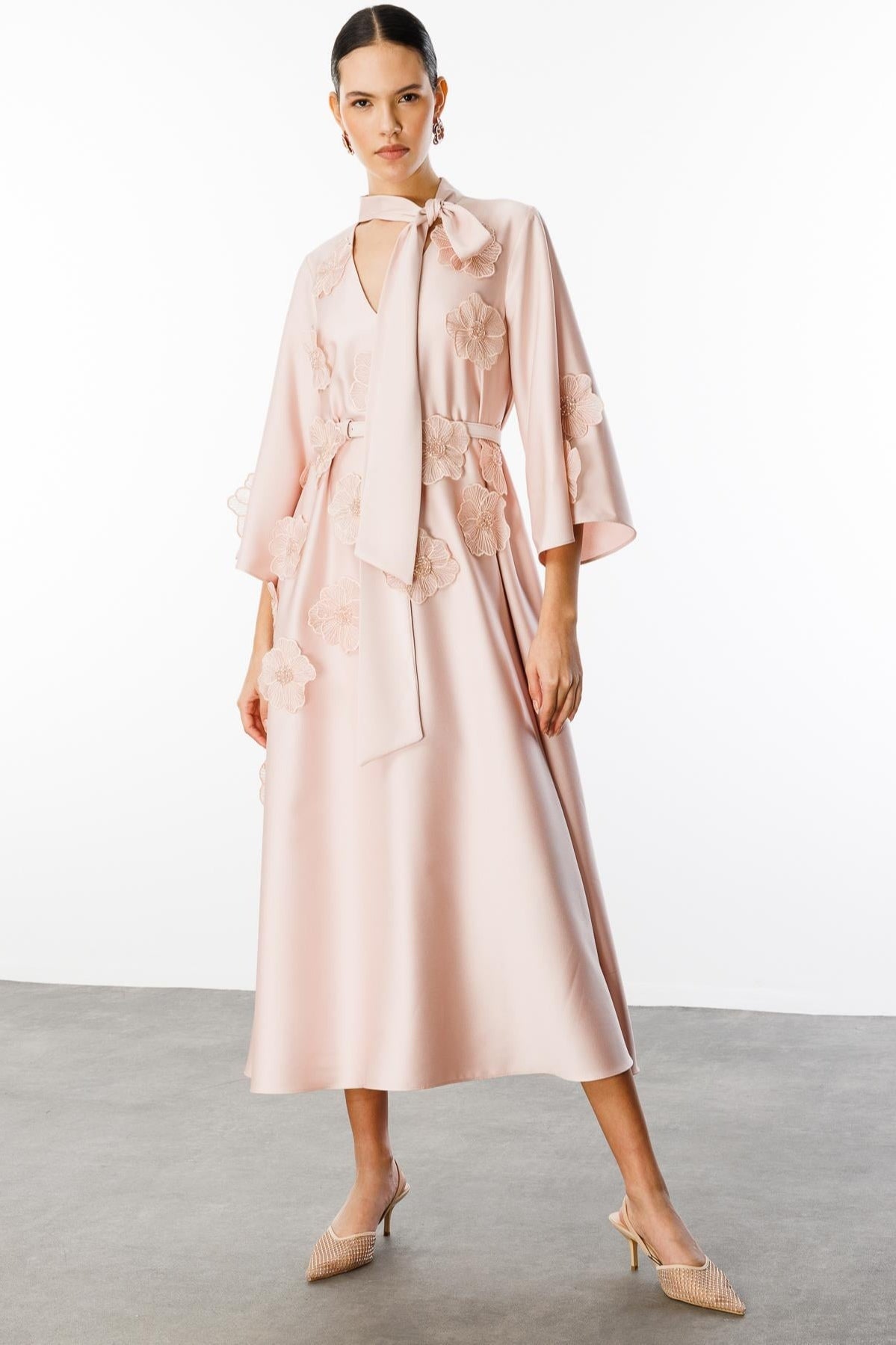 Soft Bloom Tie-Neck Satin Dress-Apricot