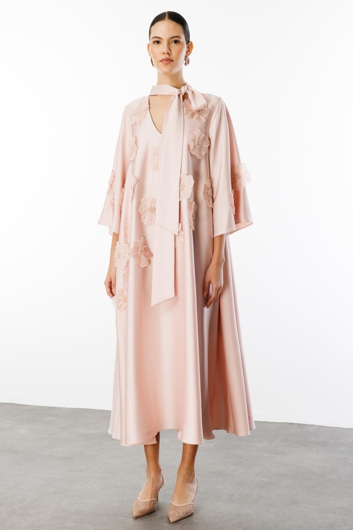 Soft Bloom Tie-Neck Satin Dress-Apricot