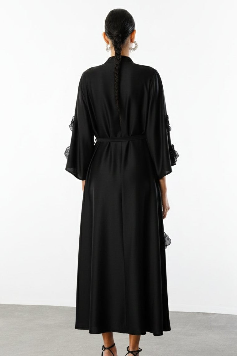 Soft Bloom Tie-Neck Satin Dress-Black