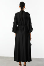 Soft Bloom Tie-Neck Satin Dress-Black