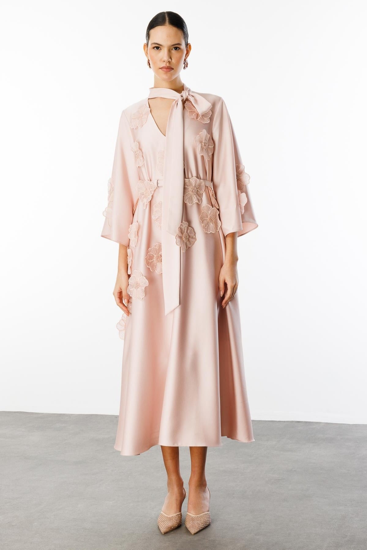 Soft Bloom Tie-Neck Satin Dress-Apricot