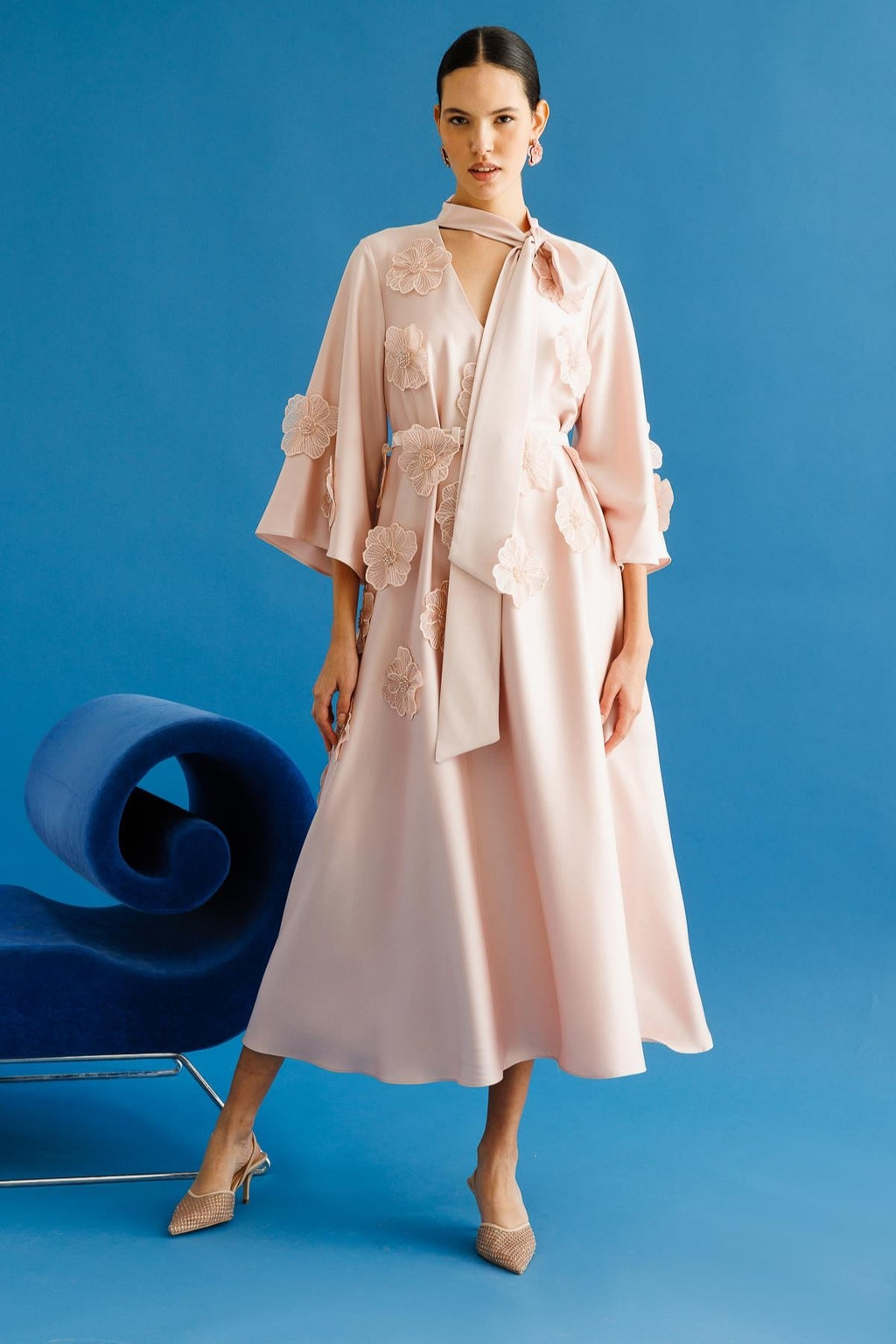 Soft Bloom Tie-Neck Satin Dress-Apricot