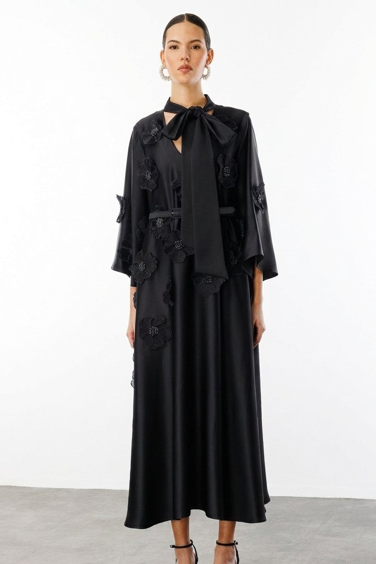 Soft Bloom Tie-Neck Satin Dress-Black