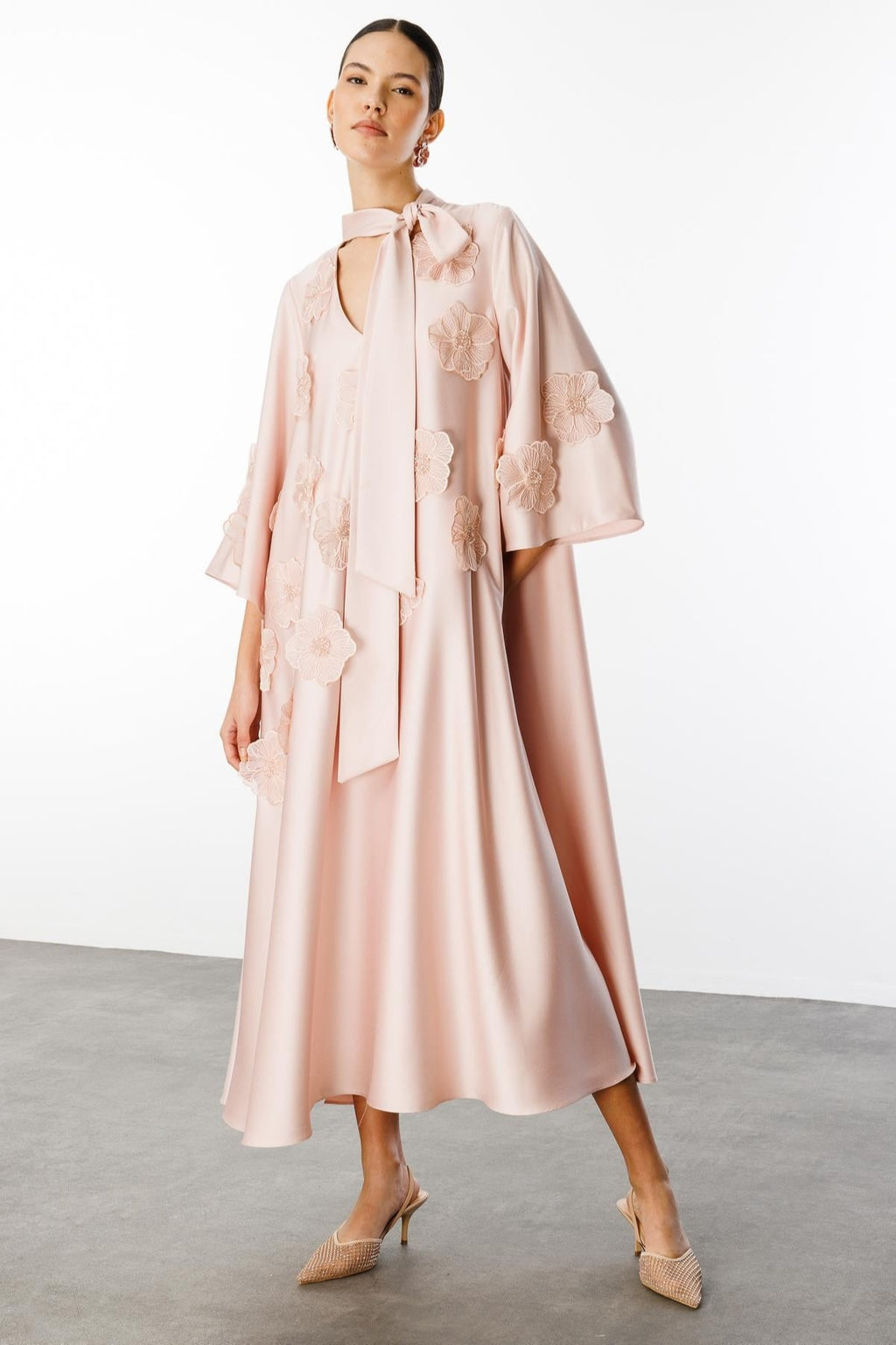 Soft Bloom Tie-Neck Satin Dress-Apricot