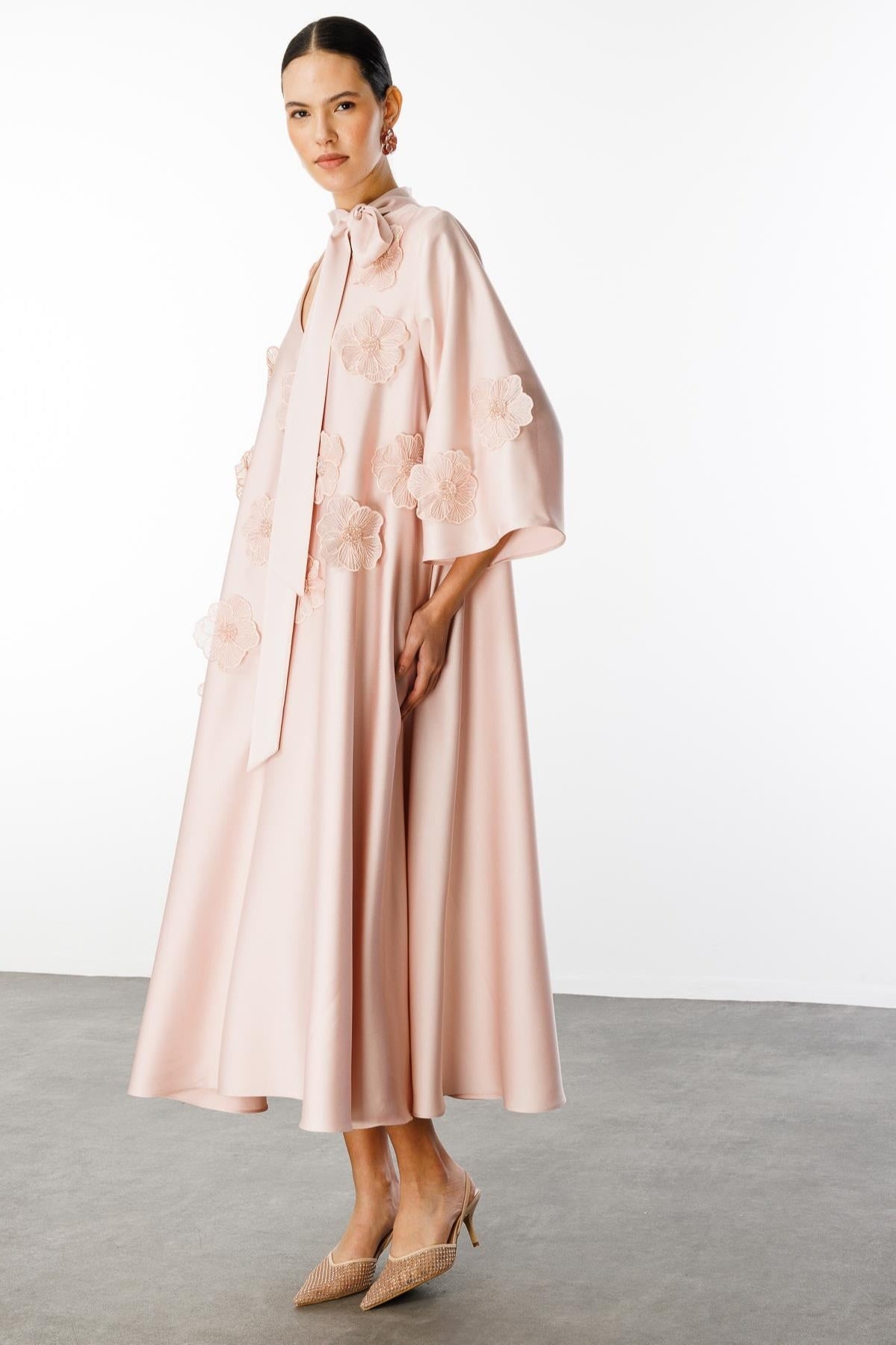 Soft Bloom Tie-Neck Satin Dress-Apricot