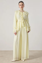 Cascading Ruffle Tie Front Chiffon Blouse Wide Leg Trousers Two Piece Set