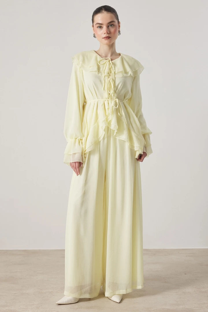 Cascading Ruffle Tie Front Chiffon Blouse Wide Leg Trousers Two Piece Set