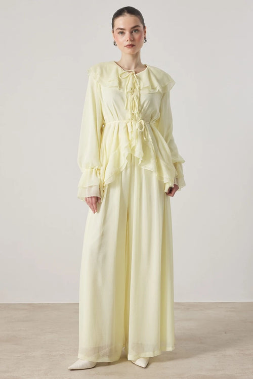 Cascading Ruffle Tie Front Chiffon Blouse Wide Leg Trousers Two Piece Set