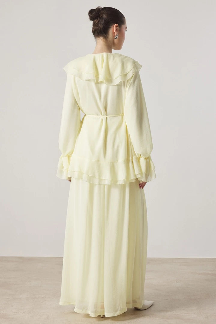 Cascading Ruffle Tie Front Chiffon Blouse Wide Leg Trousers Two Piece Set