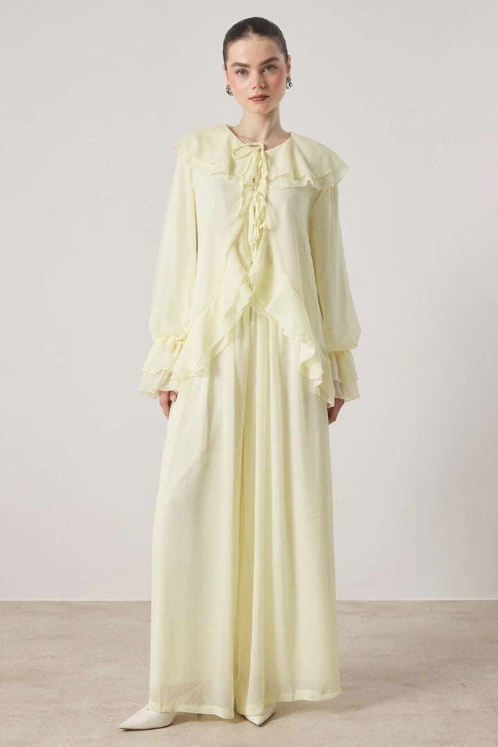 Cascading Ruffle Tie Front Chiffon Blouse Wide Leg Trousers Two Piece Set