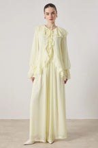 Cascading Ruffle Tie Front Chiffon Blouse Wide Leg Trousers Two Piece Set