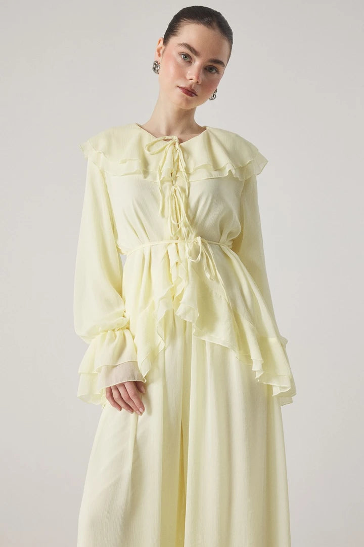 Cascading Ruffle Tie Front Chiffon Blouse Wide Leg Trousers Two Piece Set