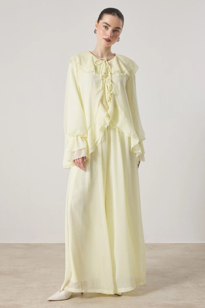 Cascading Ruffle Tie Front Chiffon Blouse Wide Leg Trousers Two Piece Set