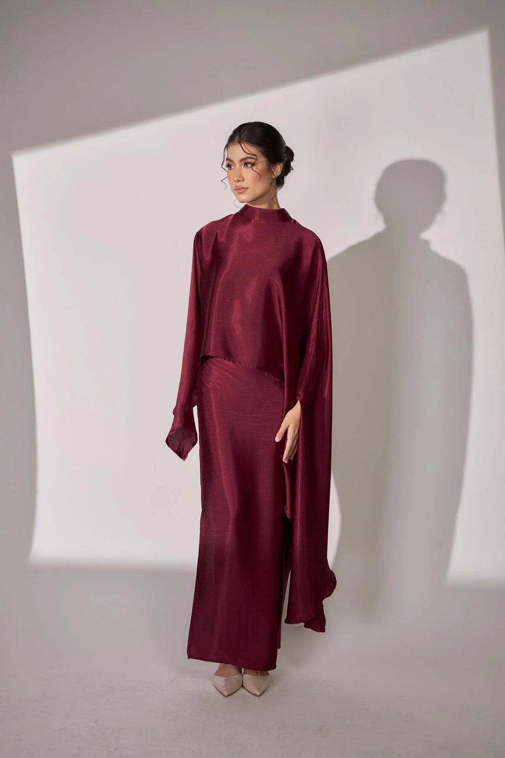 Nurul High Neck Twist Wrap Satin Abaya-Red