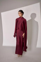 Nurul High Neck Twist Wrap Satin Abaya-Red