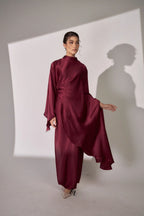 Nurul High Neck Twist Wrap Satin Abaya-Red
