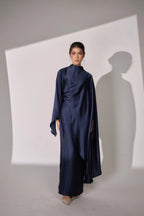 Nurul High Neck Twist Wrap Satin Abaya-Blue