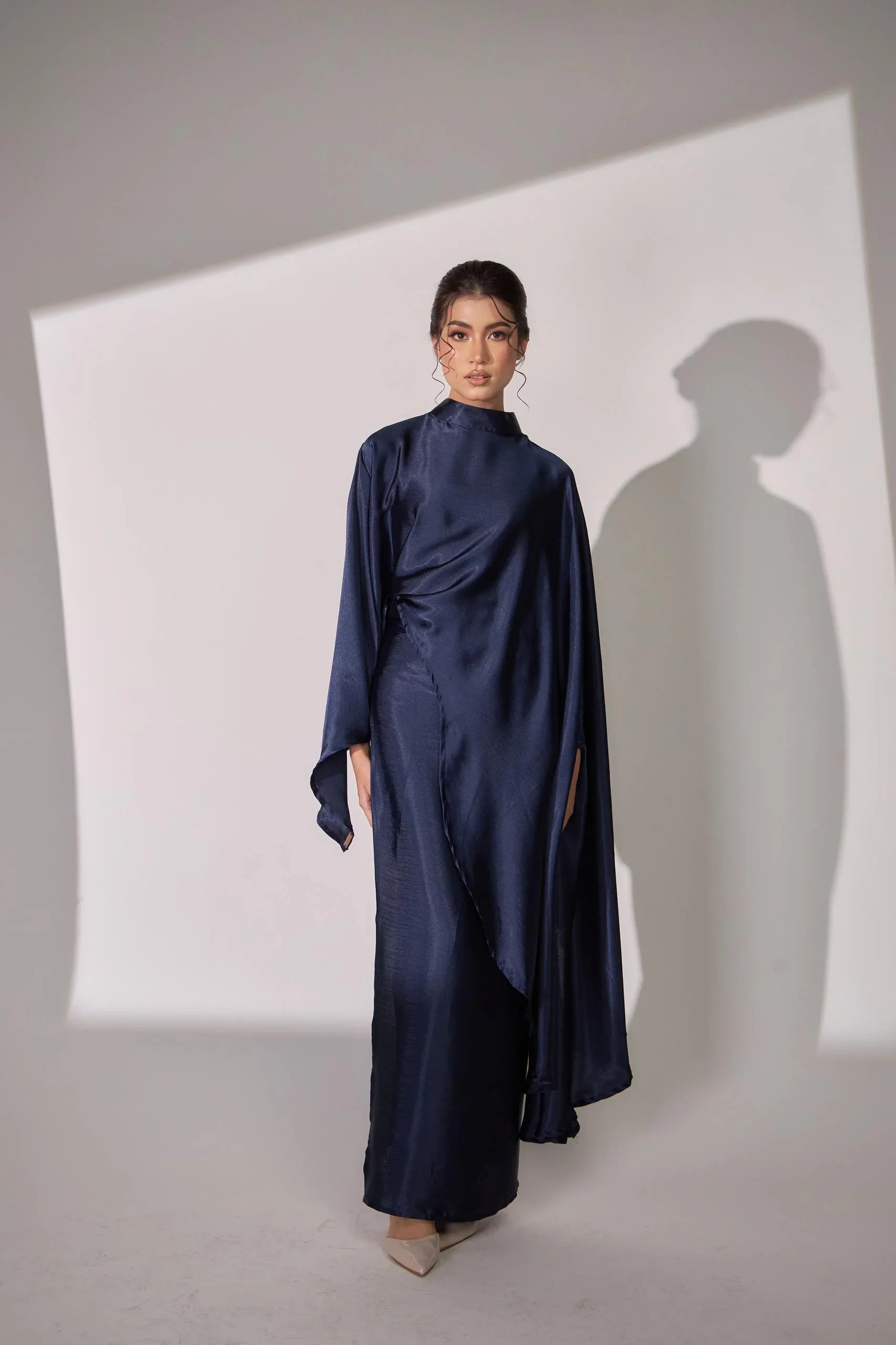 Nurul High Neck Twist Wrap Satin Abaya-Blue
