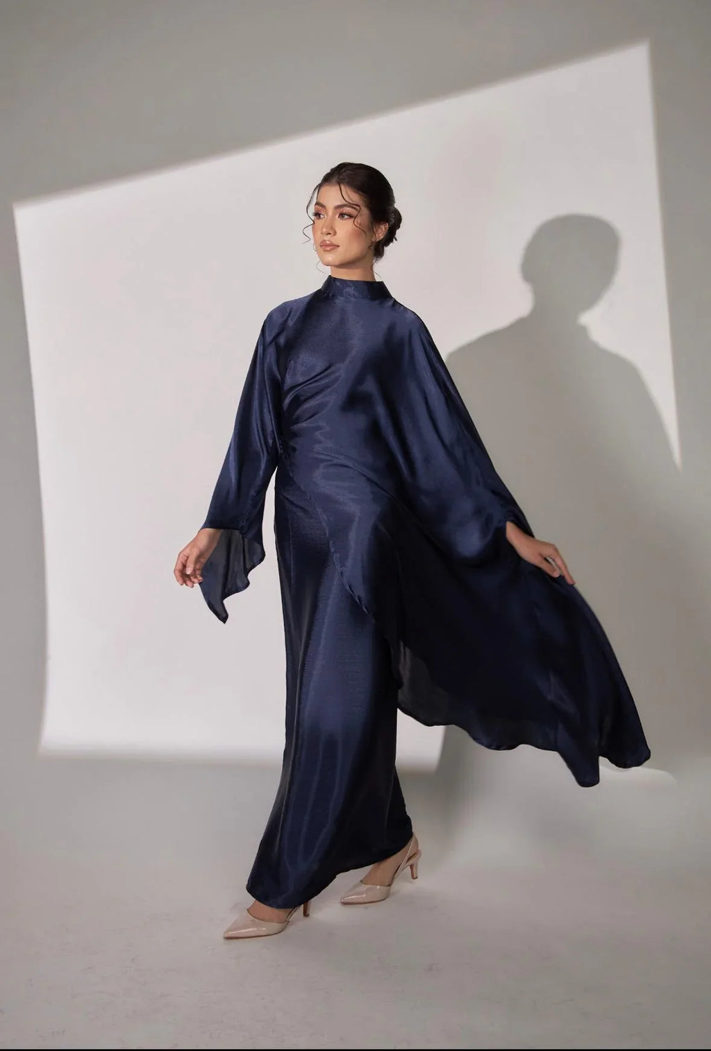 Nurul High Neck Twist Wrap Satin Abaya-Blue