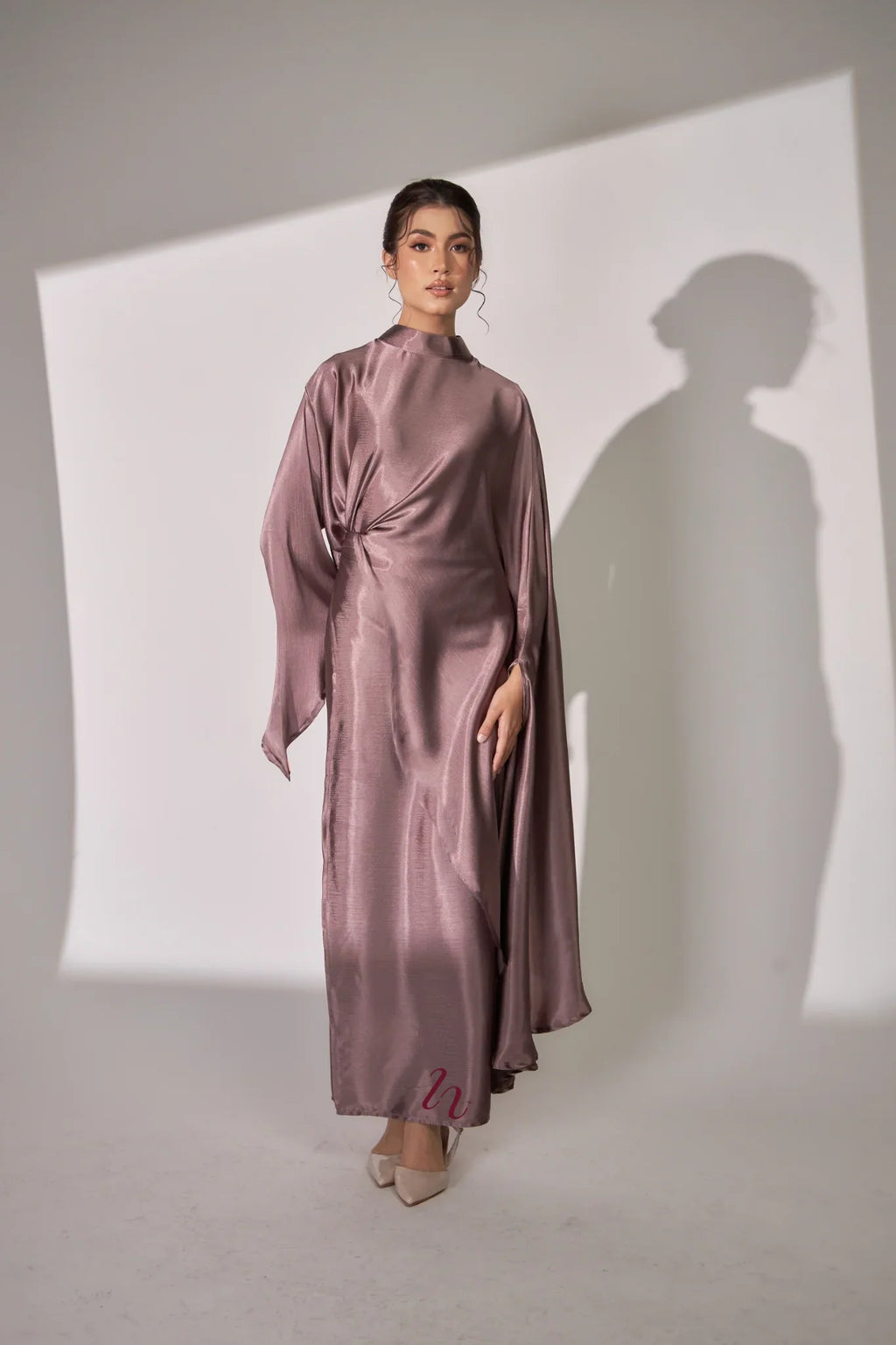 Nurul High Neck Twist Wrap Satin Abaya-Pink