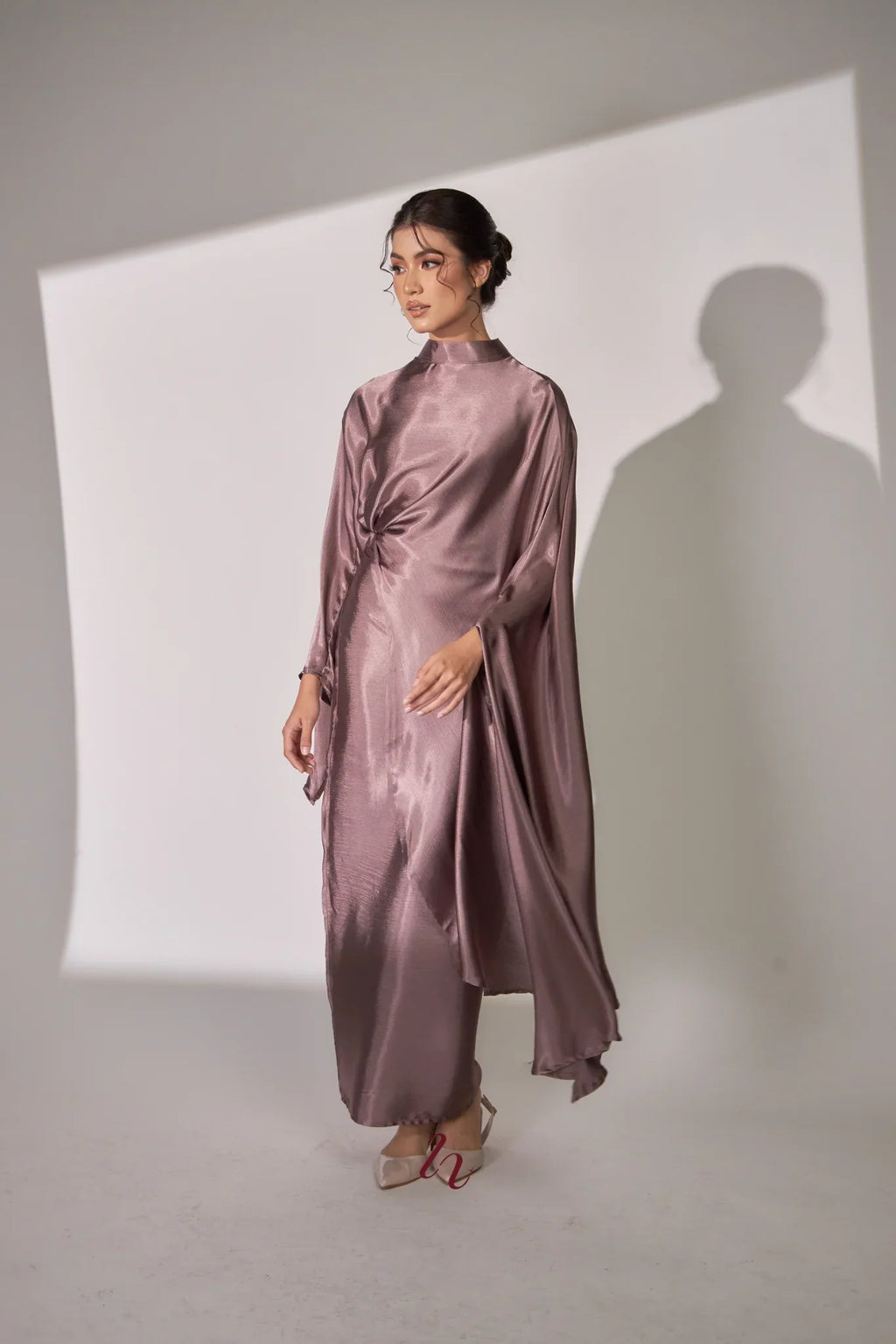 Nurul High Neck Twist Wrap Satin Abaya-Pink