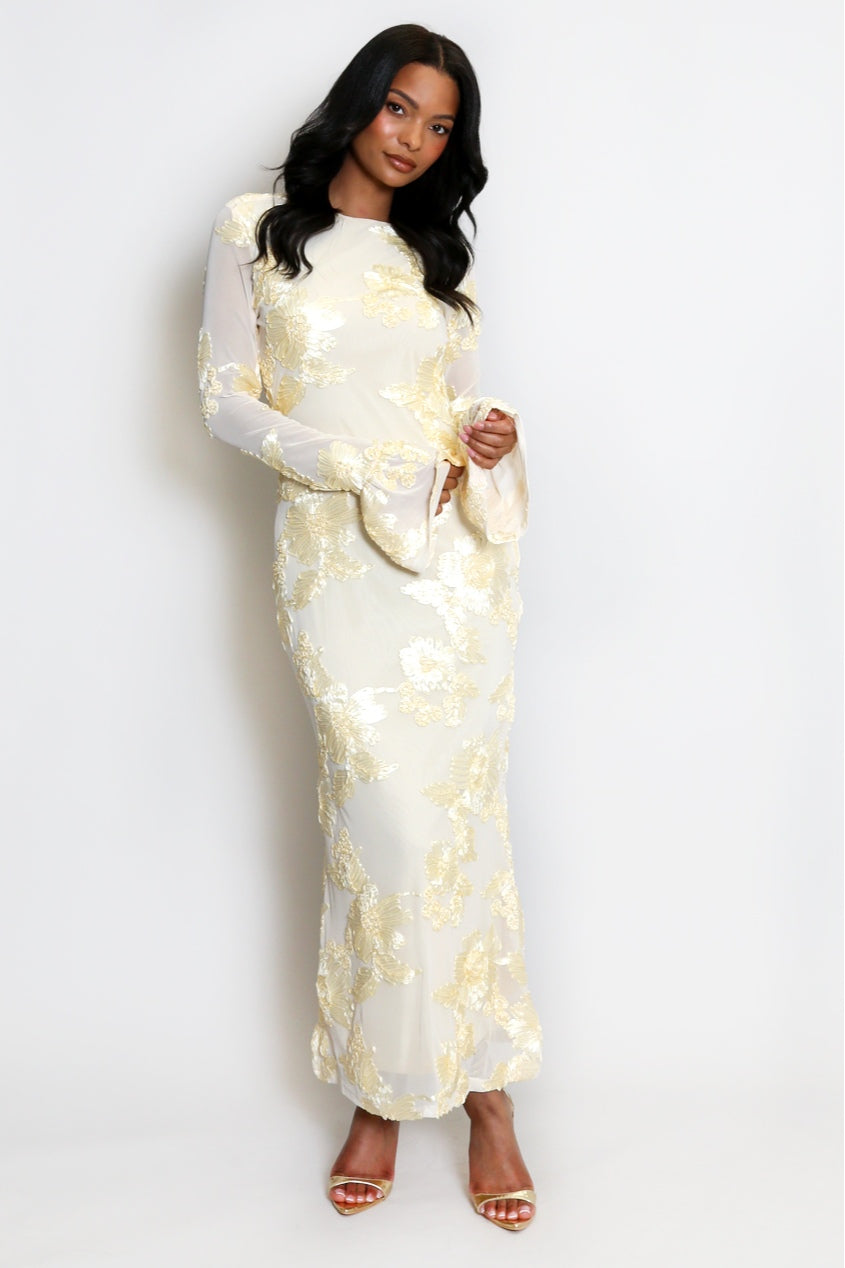 Elara Floral Applique Flare Sleeve Midi Dress-Yellow