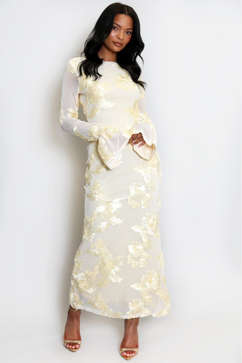 Elara Floral Applique Flare Sleeve Midi Dress-Yellow