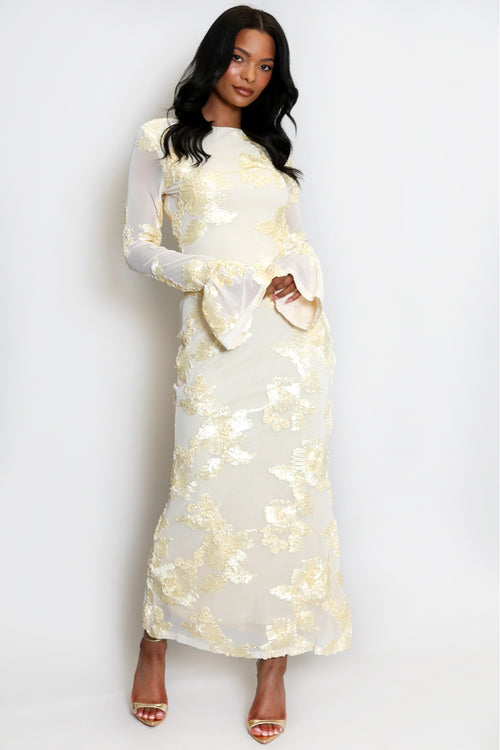 Elara Floral Applique Flare Sleeve Midi Dress-Yellow
