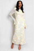 Elara Floral Applique Flare Sleeve Midi Dress-Yellow