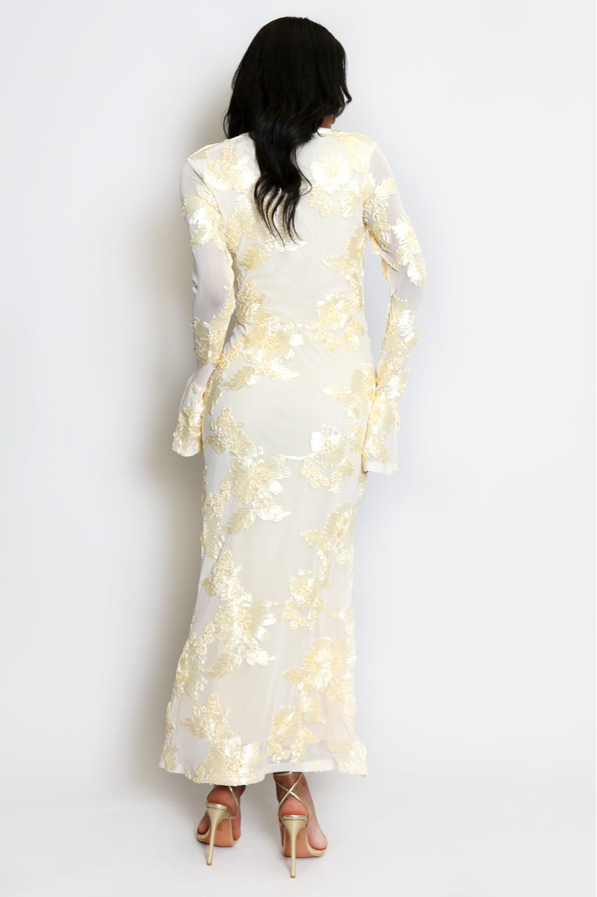 Elara Floral Applique Flare Sleeve Midi Dress-Yellow