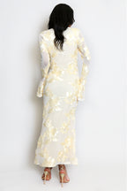 Elara Floral Applique Flare Sleeve Midi Dress-Yellow