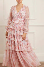 Intricate V-Neck Pleated Maxi Dress with Ruffled Hem and Puff Sleeves
