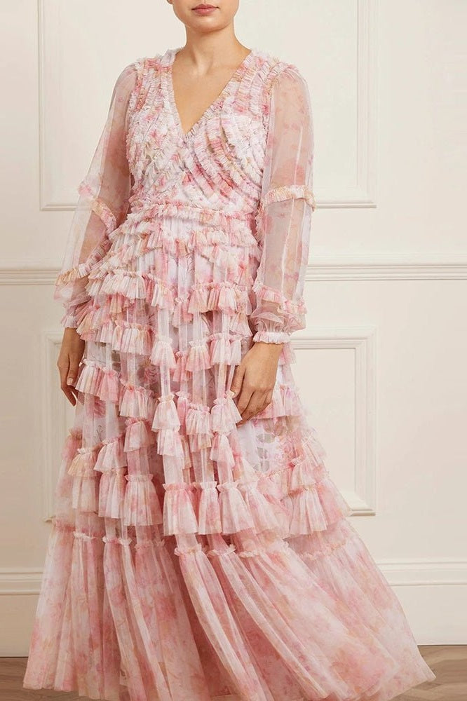 Intricate V-Neck Pleated Maxi Dress with Ruffled Hem and Puff Sleeves