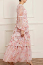 Intricate V-Neck Pleated Maxi Dress with Ruffled Hem and Puff Sleeves